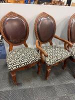 Set of 4 Ornate Wood Dining Chairs, 1 Armchair, Upholstered Patterned Seats & Brown Backs - 2