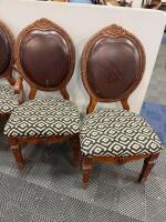Set of 4 Ornate Wood Dining Chairs, 1 Armchair, Upholstered Patterned Seats & Brown Backs - 3