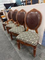Set of 4 Ornate Wood Dining Chairs, 1 Armchair, Upholstered Patterned Seats & Brown Backs - 4