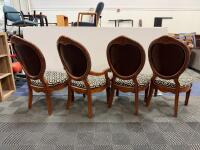 Set of 4 Ornate Wood Dining Chairs, 1 Armchair, Upholstered Patterned Seats & Brown Backs - 5