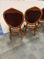 Set of 4 Ornate Wood Dining Chairs, 1 Armchair, Upholstered Patterned Seats & Brown Backs - 6