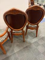 Set of 4 Ornate Wood Dining Chairs, 1 Armchair, Upholstered Patterned Seats & Brown Backs - 7