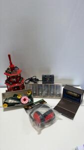 Misc Lot: Brass Da Vinci Code-Style Cryptex Puzzle Box with Hieroglyphic Design, Christmas decor, ear muffs