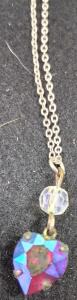 Iridescent Teardrop Pendant Necklace with Clear Bead on Link Chain