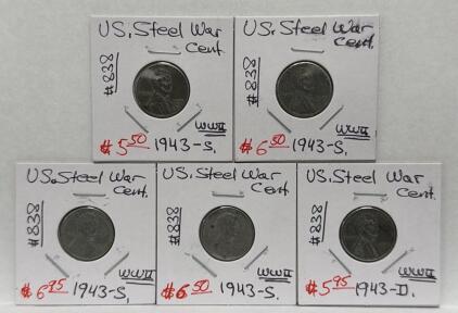 (5) 1943 Lincoln Steel War Cents, S & D Mintmarks, WWII Zinc-Coated Steel Penny, Wheat Reverse
