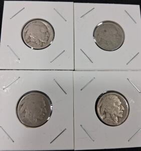 Buffalo Nickel Collection, Indian Head Five Cents, Four Coins, Heavily Circulated, Copper-Nickel