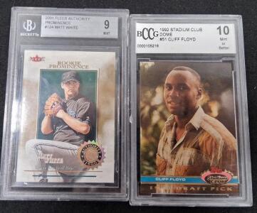 1992 Topps Stadium Club Dome #51 Cliff Floyd Rookie Card, BCCG 10 Mint, Montreal Expos and 2001 Fleer Authority Prominence Matt White Rookie #124 Tampa Bay Devil Rays BGS 9 Mint