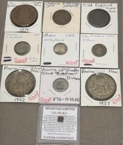 World Coin Lot: Ancient Mauryan, Amirs of Sindh Dirham, Multiple Silver, Copper & Bronze Coins