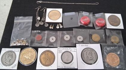 Assorted US Presidential Medals, Casino Token, Coins, Jewelry, and Coca-Cola Memorabilia Lot