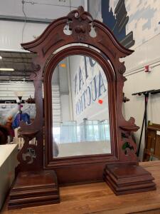 Victorian Arched Tabletop Vanity Mirror with Carved Wood, Dual Drawers & Side Shelves, c. 1880-1920