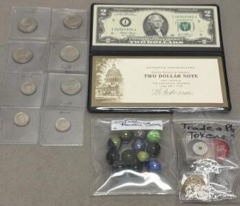 U.S. $2 Uncirculated Bill (2013) with Folder, Modern Coins, Tokens, and Marbles Mixed Lot