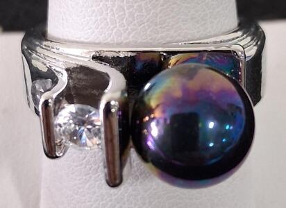 Size 9 Black Cultured Pearl & Clear Gemstone Modern Sterling Silver Ring, Iridescent Finish