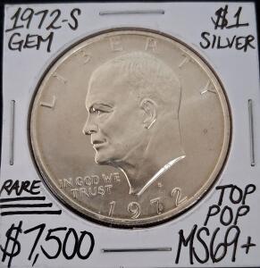 1972-S Eisenhower Silver Dollar, San Francisco Mint, Gem BU, Handwritten MS69+, $1 Coin