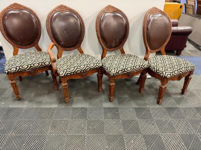 Set of 4 Louis XVI Style Carved Wood Dining Chairs, Geometric Seat, Brown Vinyl Back, 1 Armchair