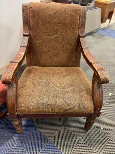 Antique Carved Wood Upholstered Armchair with Paisley Fabric, Circa 1870&ndash;1920
