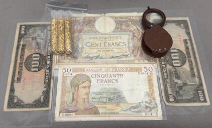 French 50 & 100 Francs 1938/1936, WWII 100 Pesos, Gold Flake Vials, Schmidt Magnifier Lot