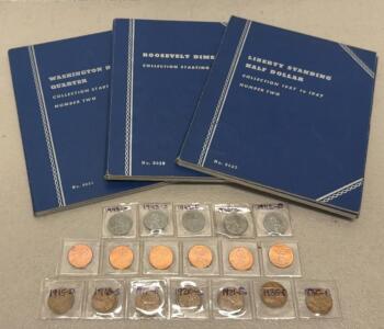 U.S. Coin Collection: Empty Whitman Albums for Quarters, Dimes, Half Dollars + 14 Lincoln Cents (1915-2019)