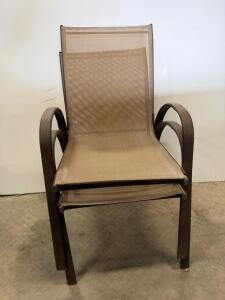 Pair Stackable Outdoor Patio Chairs, Brown Mesh & Metal Frame, Curved Arms, 36"x22"x25"