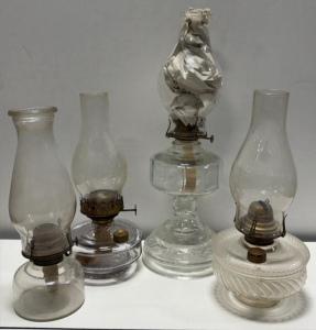 4-Vintage Glass Oil Lamps, Table Style, Swirl/Panel Design, Brass Banner Burner, 10&ndash;15" Tall