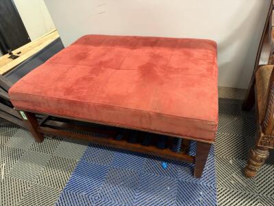 Rectangular Reddish-Orange Upholstered Ottoman Bench with Wood Storage Shelf, Tufted Top, 48"x30"