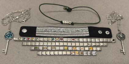 Italian Charm Bracelet Lot with Enamel Charms, Rhinestone Cuff, and Key Pendant Necklaces