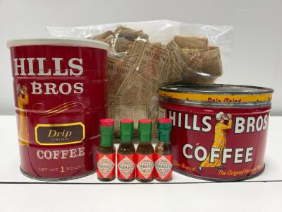 Vintage Hills Bros Coffee Tins, Tabasco Bottles, Raleigh Coupons Lot