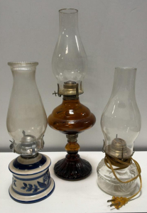 3-Vintage Oil and Electric Lamp Trio &ndash; Amber, Blue Floral, Clear Pressed Glass Bases
