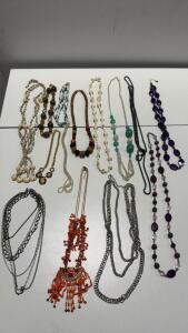 Mixed Lot of 13 Costume Necklaces: Shell, Bead, Chain, Wood, Statement & Multi-Strand Styles