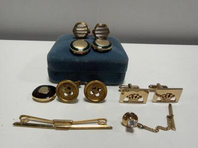 Vintage Gold-Tone Men&rsquo;s Cufflinks, Tie Bar & Tie Tack Set, Mixed Styles, Velvet Box Included