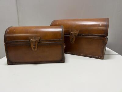 Vintage Wooden Dome-Top Chests, Set of 2, Hinged Latch, Metal Handles, Approx. 28" & 20" Length