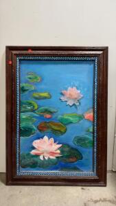 Large Framed Mixed Media 3D Wall Art, Lotus Flowers with Blue Glass Inlay, 36x28 in