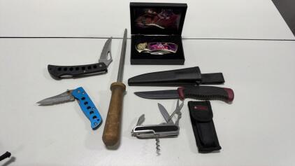Mixed Knife Lot: Browning Fixed Blade, Allied Multi-Tool, Art Folder, Sharpening Rod, 7pcs