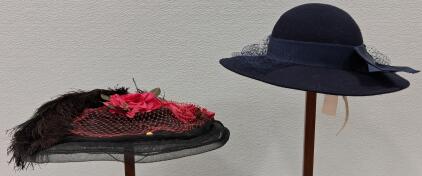 Vintage 1940s Women's Hats: Wide-Brimmed Felt Hat & Decorative Tilt Hat with Floral Trim