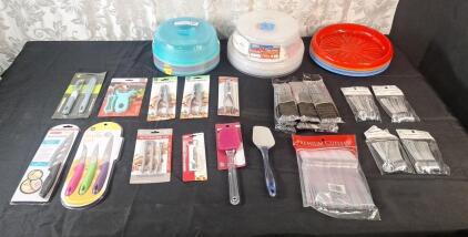 (1) Forever Sharp Kitchen Knife, (1) 3-Piece Kitchen Knife Set, (2) 2-Piece Knife & Peeler Sets, (3) Nutcrackers, (1) 3-Piece Nutcracker Set, (1) Corkscrew / Bottle Opener, (2) Silicone Spatulas, (7) 2-Piece Microwave Plate Cover Sets, (8) Cake Covers, (8