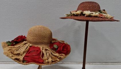 Vintage Wide-Brim Straw Hats, Decorative Floral and Lace Trim, Garden Party Style