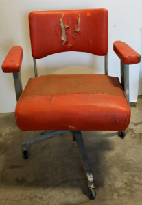 Vintage Office Chair with Armrests and Casters, Red/Orange Vinyl Upholstery, Metal Frame