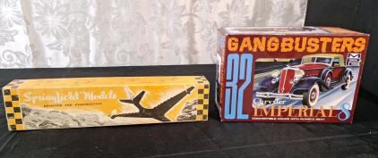 (1) Vintage Springfield Models R/C Model Airplane Kit & (1) MPC GANGBUSTERS '32 Chrysler Imperial Convertible Coupe 1/25 Scale Model