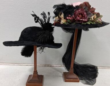 Edwardian-Style Women's Plumed & Floral Hats, Large Brim, Feather, Veil, Decorative Display