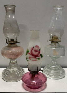 3-Vintage Table Oil Lamps &ndash; Pink Swirl, Hand-Painted Floral, Pressed Glass Embossed Bases