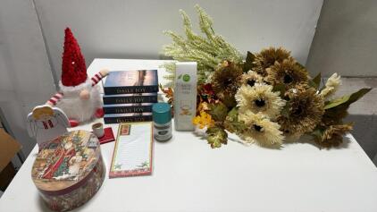 Holiday Decor & Gift Lot: Light-Up Gnome, Angel Candle Holder, Listpad, Books, Tin, Flowers, Paint, Bath Milk