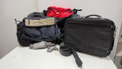 High Sierra Red Messenger, Sunmart Duffel, Eddie Bauer Bag, Laptop Case, Guess Strap, Belt Lot