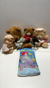 Mixed Lot Vintage Plush Bears, Dan Dee Nurse Bear SKU#112631, Disney Mermaid Doll Bag Vintage Hallmark Peanuts Christmas Cards, Gift Bags, Poster, Ornament, Stationery Lot 1980s