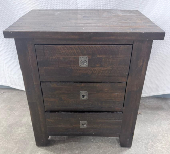 Solid Wood 3-Drawer Nightstand, Dark Espresso, Metal Pulls, Approx 22"x16"x25"