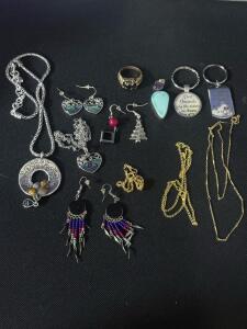 Mixed Costume Jewelry Lot - Necklaces, Earrings, Keychains, Abalone Shell & Beaded Styles