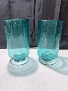Pair of Hand-Blown Aqua Blue Bubbled Glass Pedestal Vases 9"x4.5" Centerpiece Candle Holders
