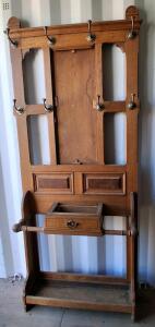 Antique Oak Hall Tree with Umbrella Stand/Coat Rack and Drawer, Circa 1890-1910
