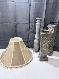 Bell & Empire Style Lamp Shades With Beaded Trim, Set of 2 Ornate Metal and 1 Wood Candle Holders