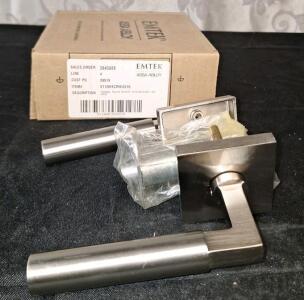 (1) Emtek Square Rosette Passage Set W/ Matching Finish Hercules Levers - RH, US15 Satin Nickel