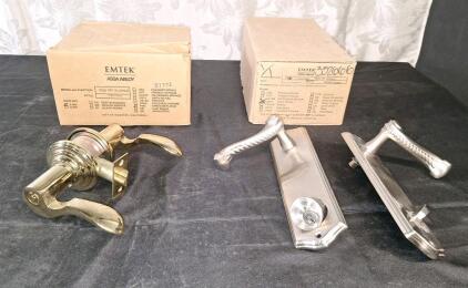 (1) Emtek 5100 Entry Set W/Durango Style Levers, Polished Brass, W/O Keys & (1) Emtek Rope Sideplate Entry Lockset W/ Deadbolt, Satin Nickel, W/O Keys