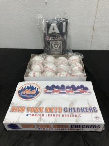 (12) Steiner Baseballs (1) New York Mets Checkers Set (1) Raiders Fleece Throw